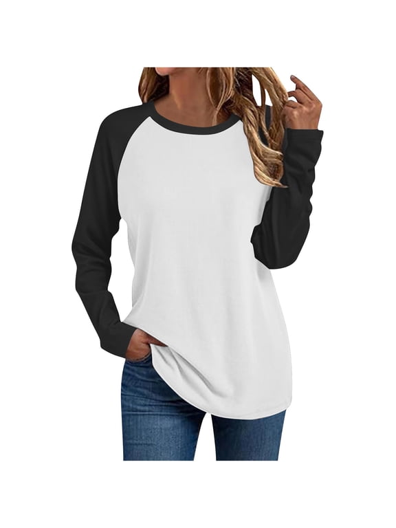 Long Sleeve Shirts for Women Color Block Raglan Tops Crewneck Fall Basic Tees Casual Baseball Tees, L White
