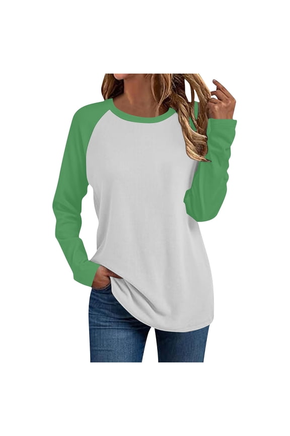 Long Sleeve Shirts for Women Color Block Raglan Tops Crewneck Fall Basic Tees Casual Baseball Tees, XXL Green