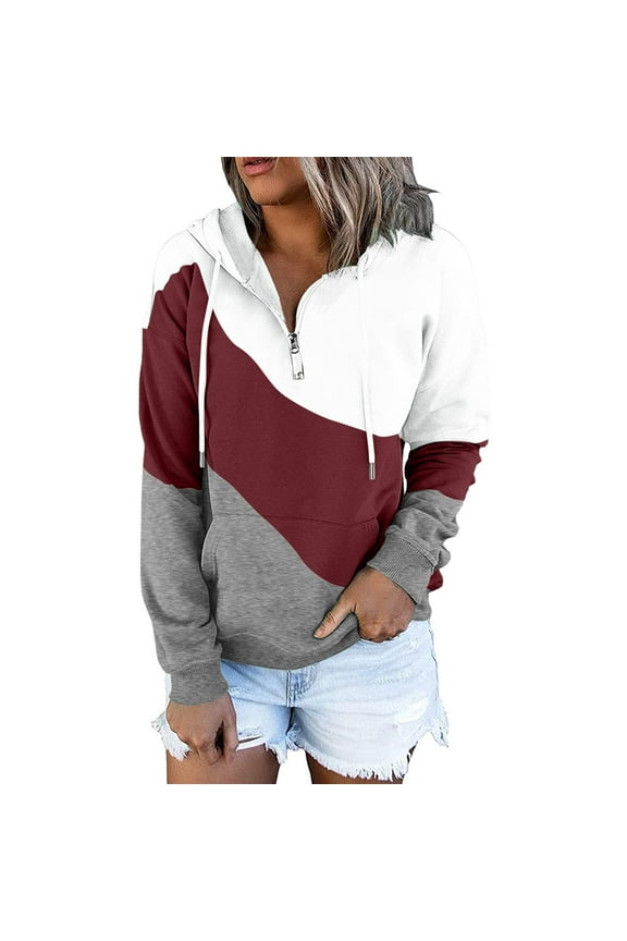 Long Sleeve Shirts for Women Color Block Zipper Shirts Loose Fall Sweatshirts,Wine,XL