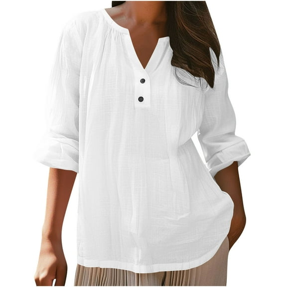 Long Sleeve Shirts for Women, Cotton Linen Tops for Women Summer V Neck 3/4 Sleeve Blouses Loose Casual Beach Vacation Tunic Outfits Clothes