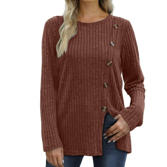 Long Sleeve Shirts for Women Crew Neck Side Split Solid Color Fashion Knit Tunic Tops Comfy Lightweight Loose Tees