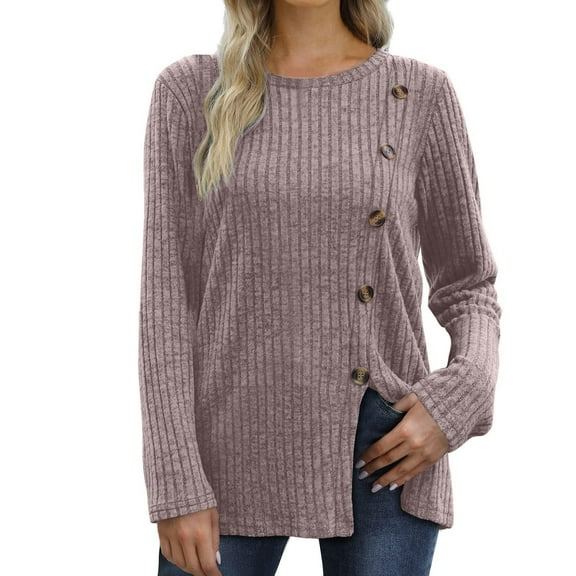 Long Sleeve Shirts for Women Crew Neck Side Split Solid Color Fashion Knit Tunic Tops Comfy Lightweight Loose Tees