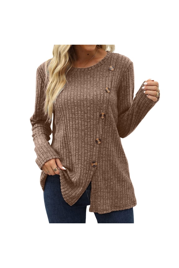 Long Sleeve Shirts for Women Crew Neck Side Split Solid Color Fashion Knit Tunic Tops Comfy Lightweight Loose Tees