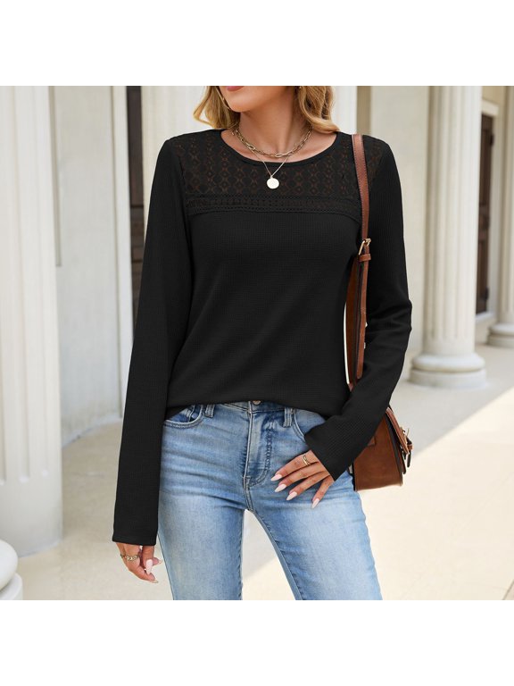 Long Sleeve Shirts for Women Crew Neck Spliced Loose Tops Causal Solid Pull On T Shirts, S