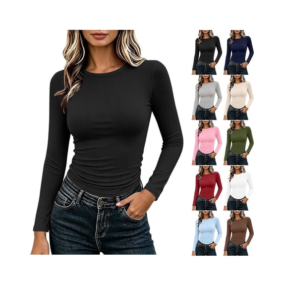 Long Sleeve Shirts for Women Crew Neck Stretchy Basic Tops Slim Fit Lightweight Daily Wear Tops Fall Casual Outfit