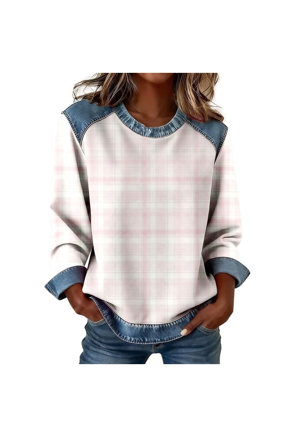 Long Sleeve Shirts for Women Crew Neck Womens Blouses Springs Gingham Women's Clothing Loose Fit Y2K Tops White