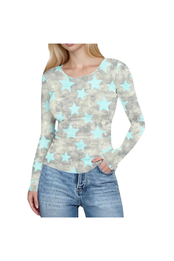 Long Sleeve Shirts for Women Crewneck Floral Print Basic Tees Casual Spring Slim Fit Ribbed Knit Tops Dressy Shirt