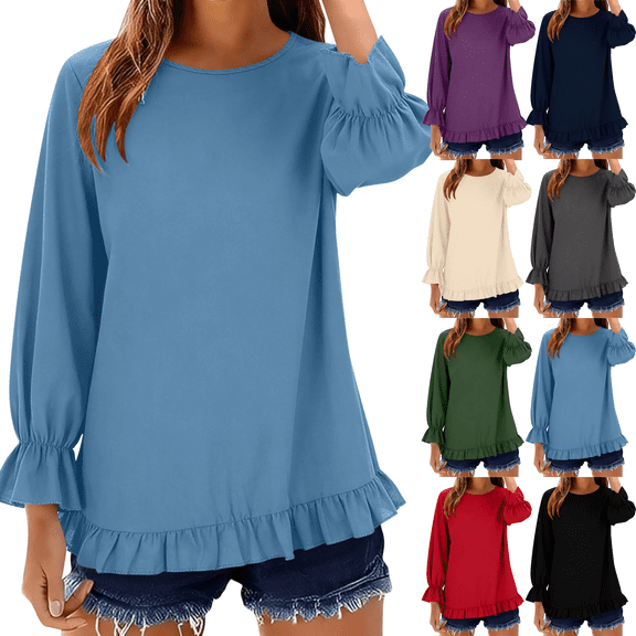 Long Sleeve Shirts for Women Crewneck Loose Linen Peplum Tops Lightweight Solid Color Casual Vacation Everyday Flowy Blouse Tops