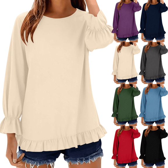 Long Sleeve Shirts for Women Crewneck Loose Linen Peplum Tops Lightweight Solid Color Casual Vacation Everyday Flowy Blouse Tops
