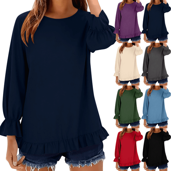 Long Sleeve Shirts for Women Crewneck Loose Linen Peplum Tops Lightweight Solid Color Casual Vacation Everyday Flowy Blouse Tops