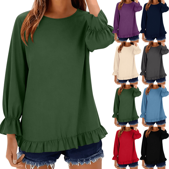 Long Sleeve Shirts for Women Crewneck Loose Linen Peplum Tops Lightweight Solid Color Casual Vacation Everyday Flowy Blouse Tops