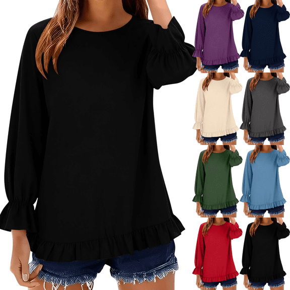 Long Sleeve Shirts for Women Crewneck Loose Linen Peplum Tops Lightweight Solid Color Casual Vacation Everyday Flowy Blouse Tops