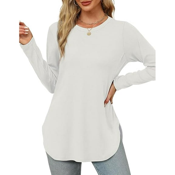 Long Sleeve Shirts for Women Crewneck Sweatshirt Casual Blouses Side Split Basic Loose Tunic Pullover Ladies Tops and Blouses