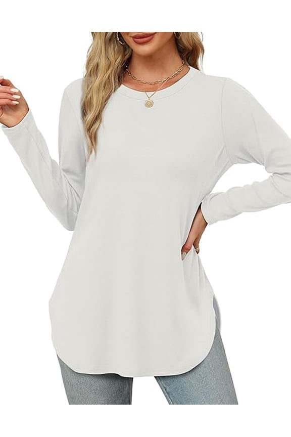 Long Sleeve Shirts for Women Crewneck Sweatshirt Casual Blouses Side Split Basic Loose Tunic Pullover Ladies Tops and Blouses