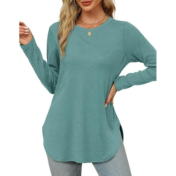 Long Sleeve Shirts for Women Crewneck Sweatshirt Casual Blouses Side Split Basic Loose Tunic Pullover Ladies Tops and Blouses