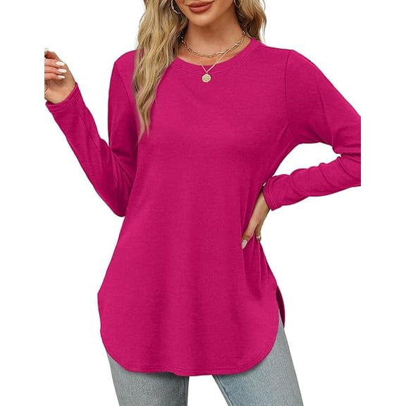 Long Sleeve Shirts for Women Crewneck Sweatshirt Casual Blouses Side Split Basic Loose Tunic Pullover Ladies Tops and Blouses
