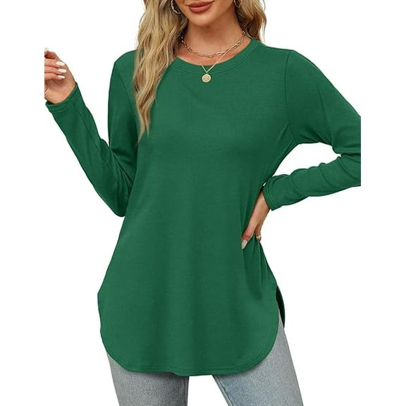 Long Sleeve Shirts for Women Crewneck Sweatshirt Casual Blouses Side Split Basic Loose Tunic Pullover Ladies Tops and Blouses
