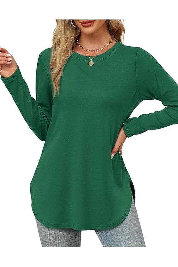 Long Sleeve Shirts for Women Crewneck Sweatshirt Casual Blouses Side Split Basic Loose Tunic Pullover Ladies Tops and Blouses