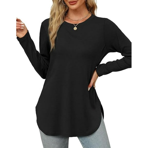 Long Sleeve Shirts for Women Crewneck Sweatshirt Casual Blouses Side Split Basic Loose Tunic Pullover Ladies Tops and Blouses