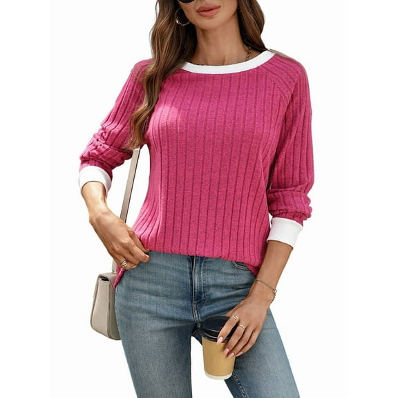 Long Sleeve Shirts for Women Crewneck Tunic Tops Casual Pullover Sweaters Trendy Fall Fashion Clothes Rose Red XXL