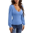 thumbnail image 1 of Long Sleeve Shirts for Women Deep V Neck Basic Tops Lantern Casual Ribbed Knit Base Layer Undershirts, Dark Blue L, 1 of 7