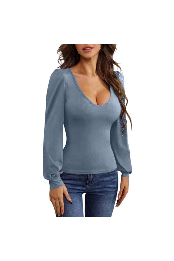 Long Sleeve Shirts for Women Deep V Neck Basic Tops Lantern Casual Ribbed Knit Base Layer Undershirts, Light Blue M