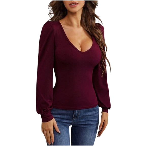 Long Sleeve Shirts for Women Deep V Neck Basic Tops Lantern Casual Ribbed Knit Base Layer Undershirts, Wine M