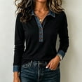 thumbnail image 1 of Long Sleeve Shirts for Women Denim Collar Trim Patchwork Tops Comfy Collared Casual Work Blouses, M, 1 of 5