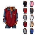 thumbnail image 1 of Long Sleeve Shirts for Women Denim Patchwork Button Down Lapel Callar Pullover Dressy Casual Office Work Blouse Womens Tops, 1 of 8