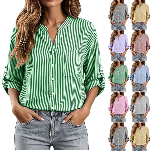 Long Sleeve Shirts for Women Dqueduo Women's Casual Long Sleeve Striped V Neck Button Down Cardigan Shirt With Pocket And Roll Tab Sleeves Green L