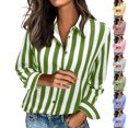 thumbnail image 1 of Long Sleeve Shirts for Women Dqueduo Women's Fashion Casual Striped Button Up Shirt Long Sleeve Top Green S, 1 of 7