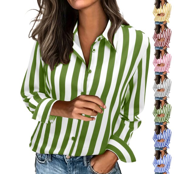 Long Sleeve Shirts for Women Dqueduo Women's Fashion Casual Striped Button Up Shirt Long Sleeve Top Green S