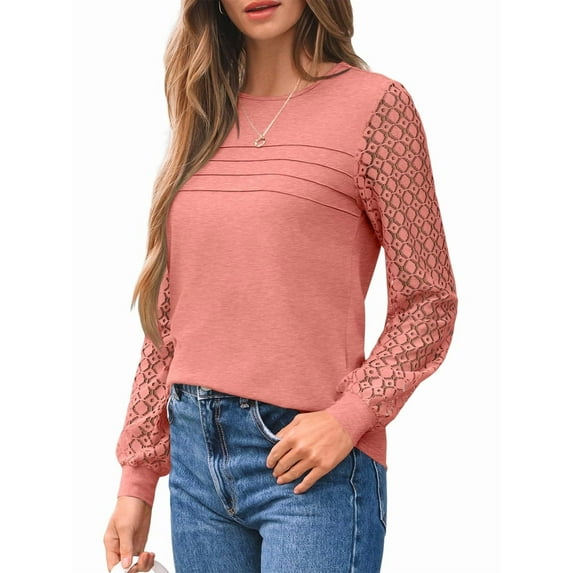 Long Sleeve Shirts for Women Dressy Casual Lace Tops 2025 Fall Outfits Business T-Shirts Work Blouses Clothes Pink S