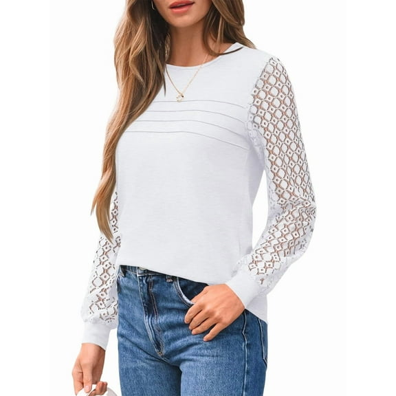 Long Sleeve Shirts for Women Dressy Casual Lace Tops 2025 Fall Outfits Business T-Shirts Work Blouses Clothes White L