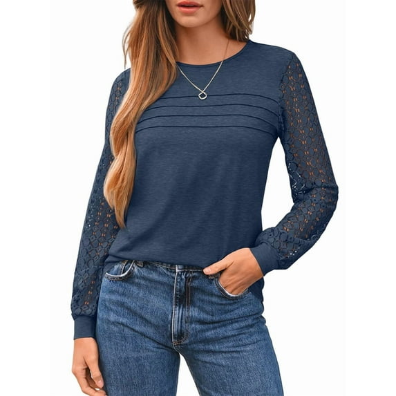 Long Sleeve Shirts for Women Dressy Casual Lace Tops 2025 Fall Outfits T-Shirts Work Clothes Navy Blue S