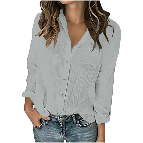 Long Sleeve Shirts for Women Dressy New Womens Long Sleeve Collared Shirts Solid Color Button down Blouses Fall Casual Dressy Tops with Pocket Gray S