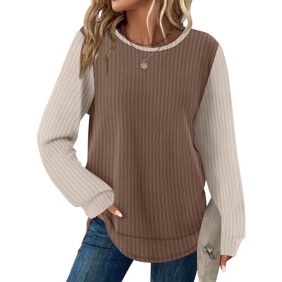 Long Sleeve Shirts for Women Dressy Waffle Knit Tops Casual Loose Fit Crew Neck Contrast T Shirts Basic Tunic Blouse Brown 2XL