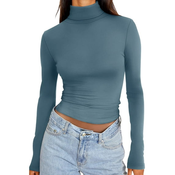 Long Sleeve Shirts for Women Dressy Womens Long Sleeve Turtleneck Crop Tops Basic Slim Fitted Going Out T Shirts Winter Clothes Z0B-Navy, XXL
