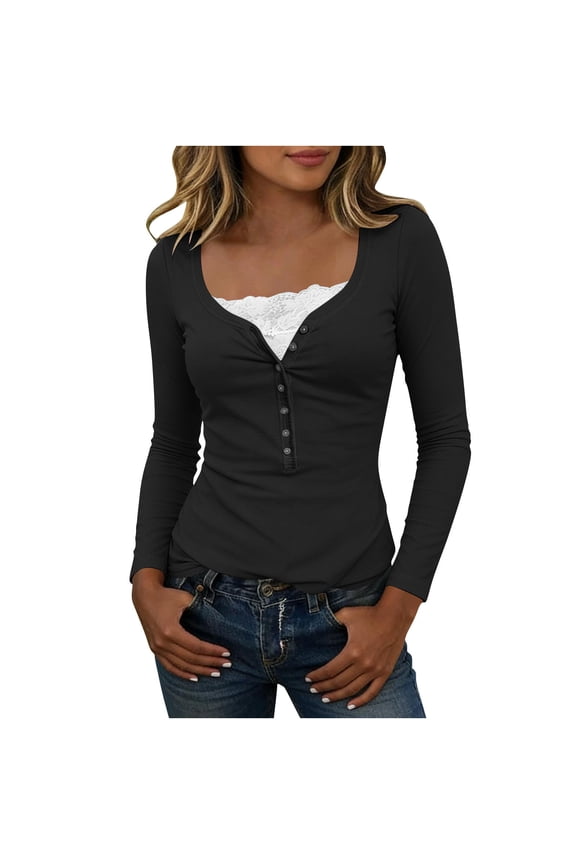 Long Sleeve Shirts for Women, Fairy Grunge Shirts for Women Y2K Tops Long Sleeve Lace Patchwork Tees Teen Girls Vintage Slim Blouse Fall Clothes