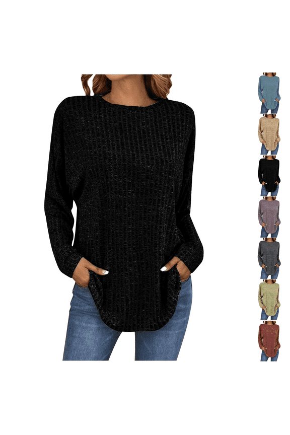 Long Sleeve Shirts for Women Fall Clothes Tunic Tops Loose Fit Dressy Crewneck Pullover Sweaters Curved Hem Black 3XL