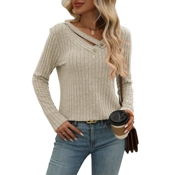 Long Sleeve Shirts for Women Fall Fashion 2024 Dressy Casual Blouses Trendy V-Neck Button Tunic Tops for Leggings (Apricot,Medium)
