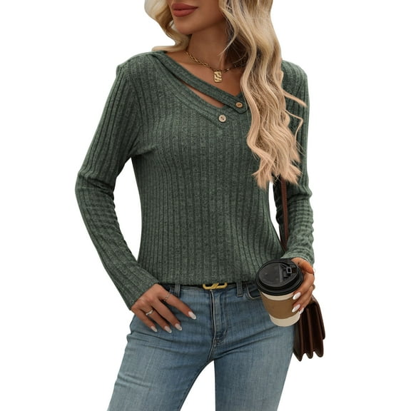 Long Sleeve Shirts for Women Fall Fashion 2024 Dressy Casual Blouses Trendy V-Neck Button Tunic Tops for Leggings (Army Green,X-Large)