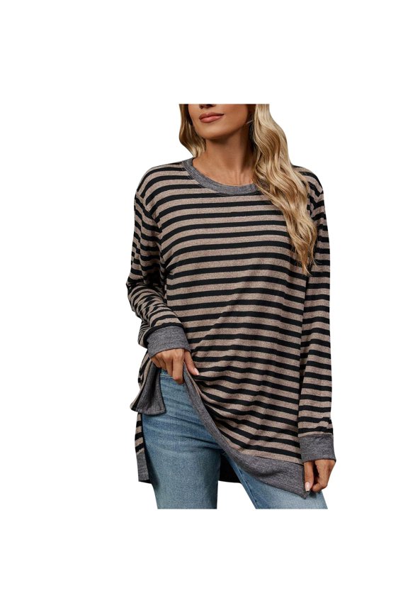 Long Sleeve Shirts for Women Fall Fashion 2026 Crew Neck Cute Tops Striped Loose Comfy Blouse with Side Split
