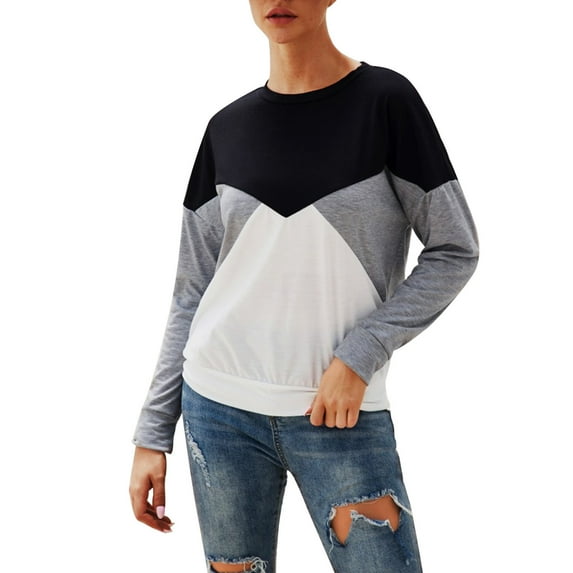 Long Sleeve Shirts for Women Fall Fashion Clothes Color Block Patchwork Casual Sweatshirts Crewneck Pullover Blouse
