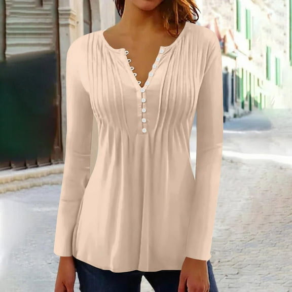 Long Sleeve Shirts for Women Fall Fashion Dressy Casual Blouses Trendy Pleated Tunic Tops
