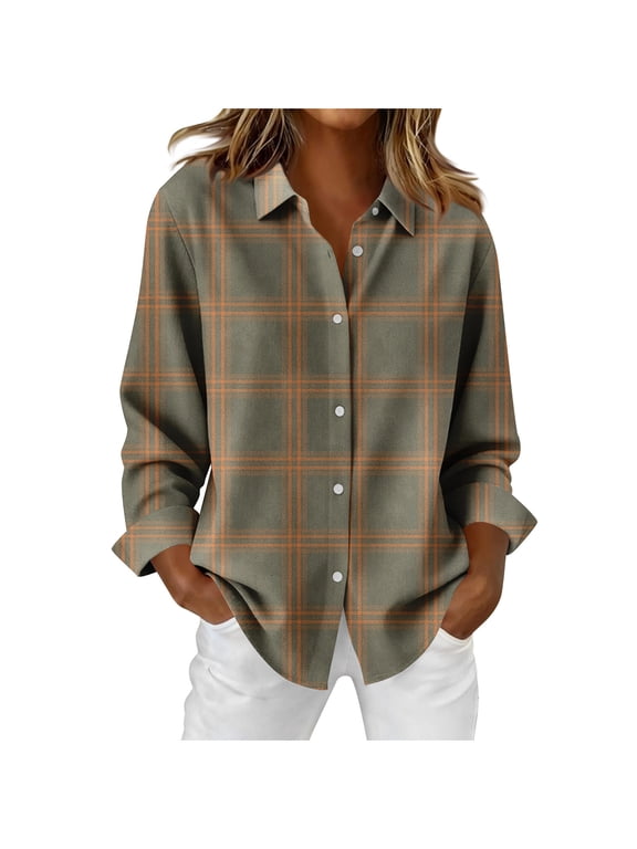Long Sleeve Shirts for Women Fall Fashion Plaid Printed Button Down T-Shirts