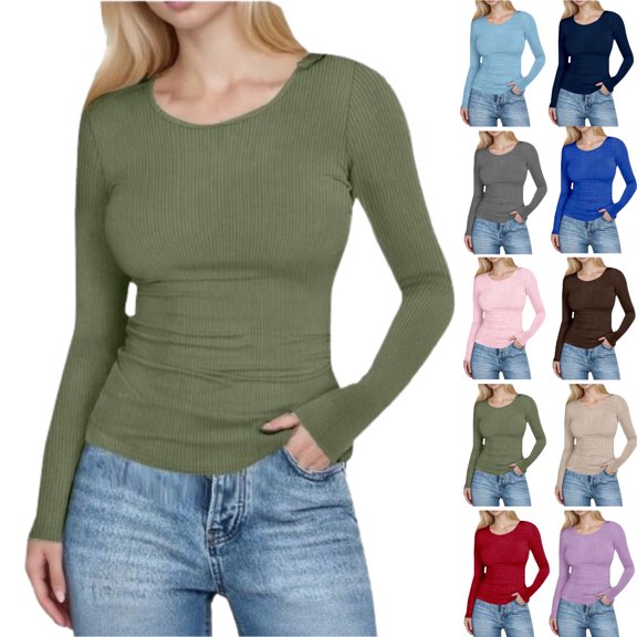 Long Sleeve Shirts for Women Fall Fashion Ribbed Knit Shirts Crew Neck Slim Fit Undershirts Basic T-Shirts,Army Green XXL