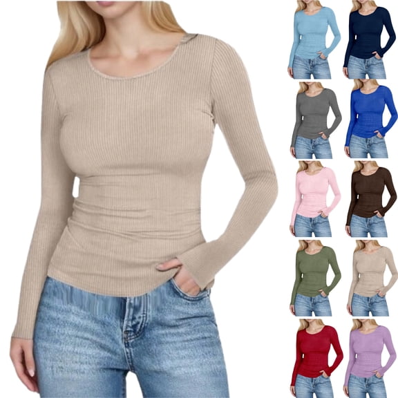 Long Sleeve Shirts for Women Fall Fashion Ribbed Knit Shirts Crew Neck Slim Fit Undershirts Basic T-Shirts,Khaki M