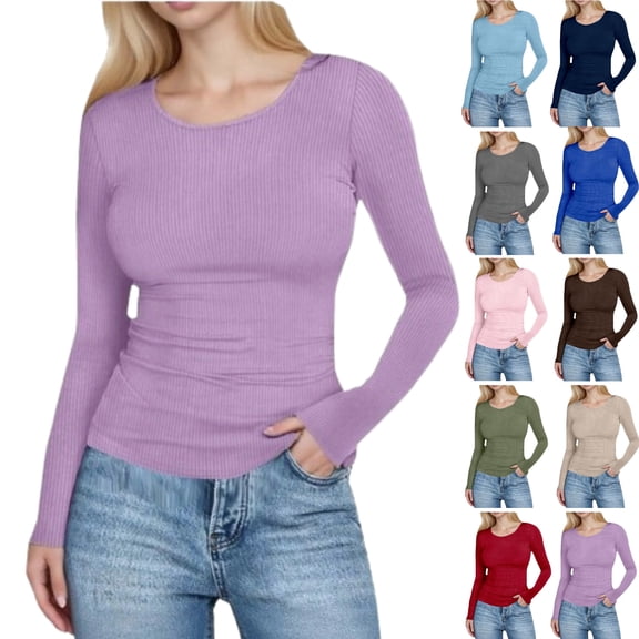Long Sleeve Shirts for Women Fall Fashion Ribbed Knit Shirts Crew Neck Slim Fit Undershirts Basic T-Shirts,Light Purple M