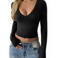 thumbnail image 1 of Long Sleeve Shirts for Women Fall Fashion V Neck Basics Crop Tops Slim Fitted Y2K Tops Outfits Clothes Black L, 1 of 8